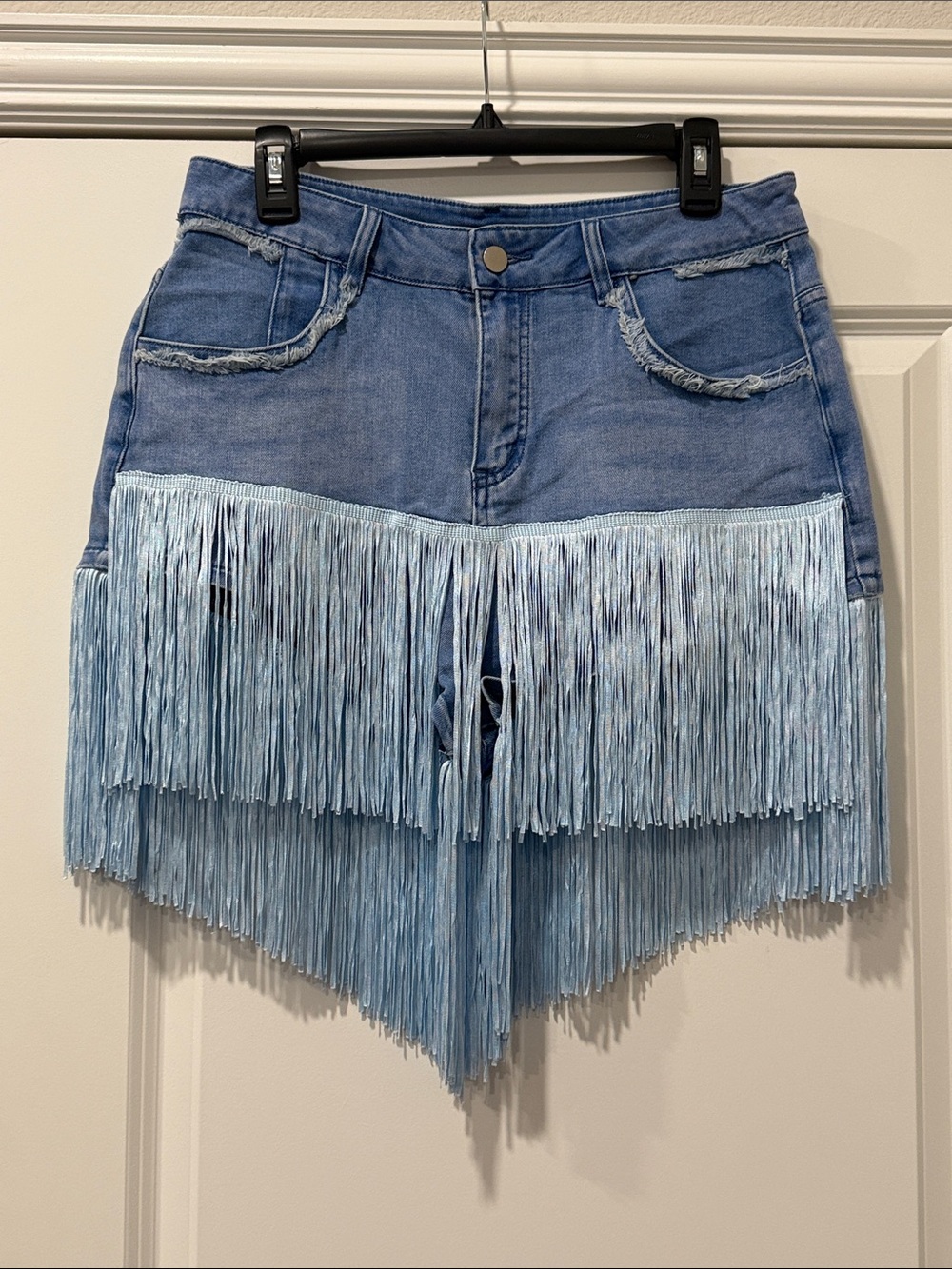 Fringed Asymmetrical Denim Shorts- Light Blue Size Large NWT